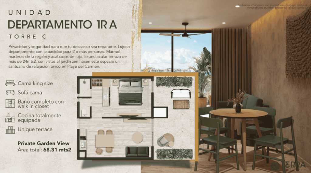 Departamento 1R A de Terra Playa del Carmen, unidad de 68.31 m² con terraza privada, vista al jardín, cama king size y cocina totalmente equipada.